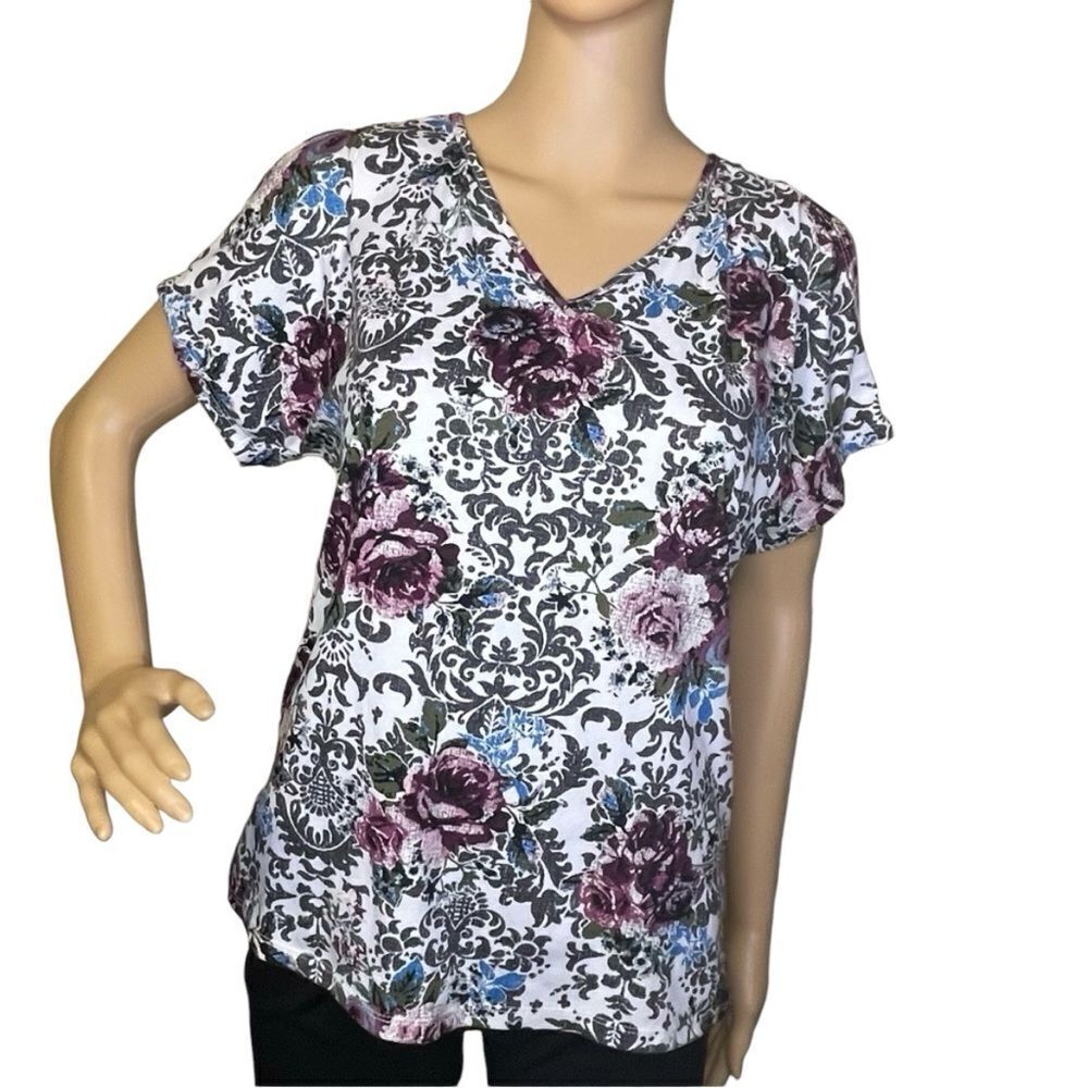 Daytrip Cold Shoulder Short Sleeve Floral Soft Blouse Gray White Green Blue S